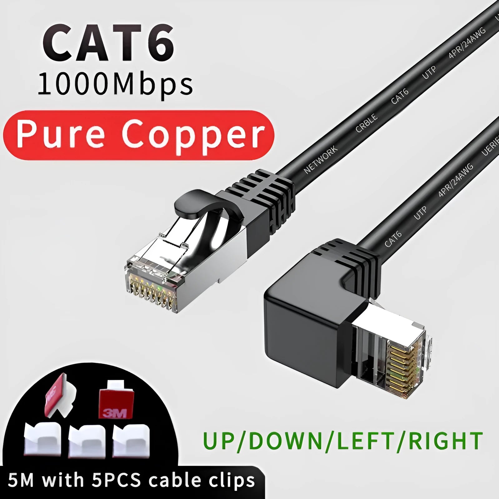 Cat6 Ethernet cable with a black right-angle RJ45 connector plugged into a port, showing its low-profile design.