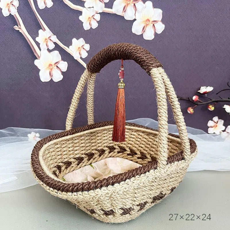 Hand-woven hemp rope basket 19x12cm in coffee brown colour with straw construction