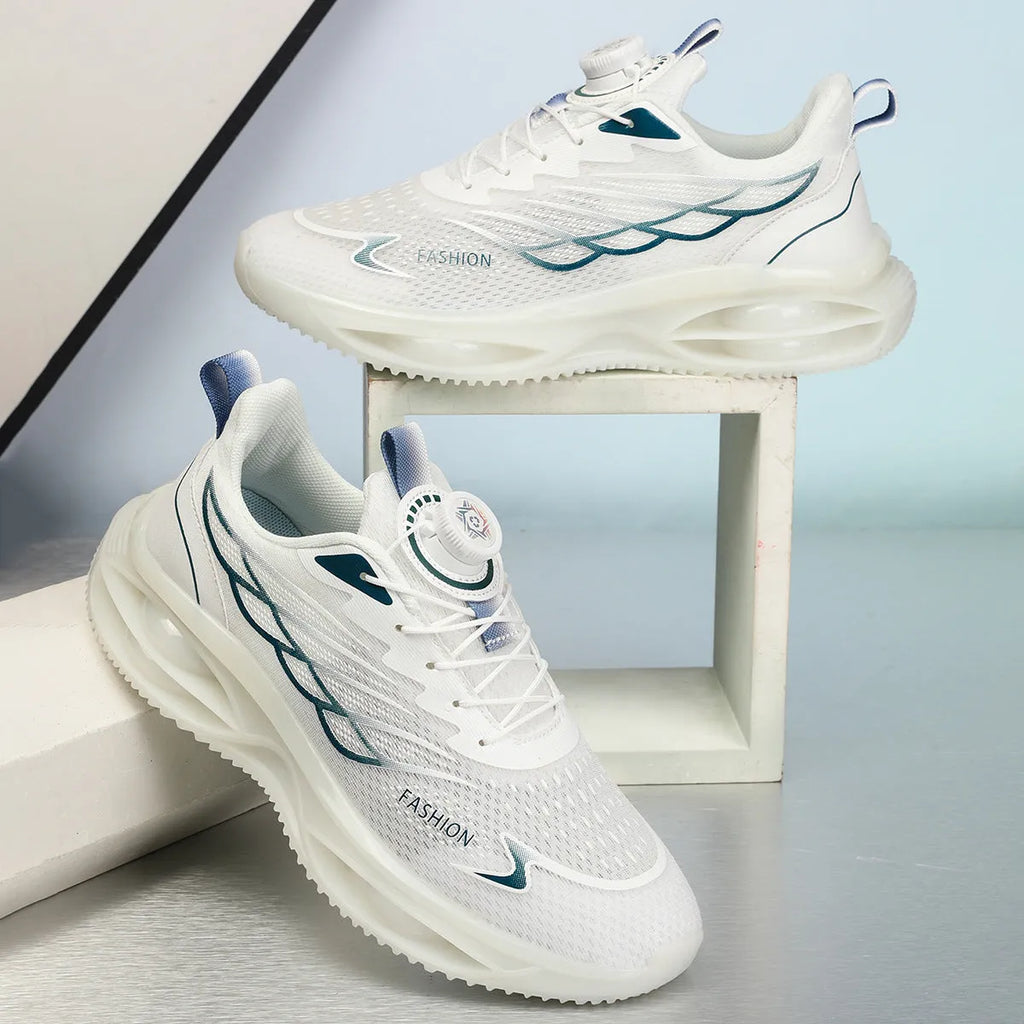Breathable casual running shoes in sky blue, black gold or white with mesh upper and rubber sole