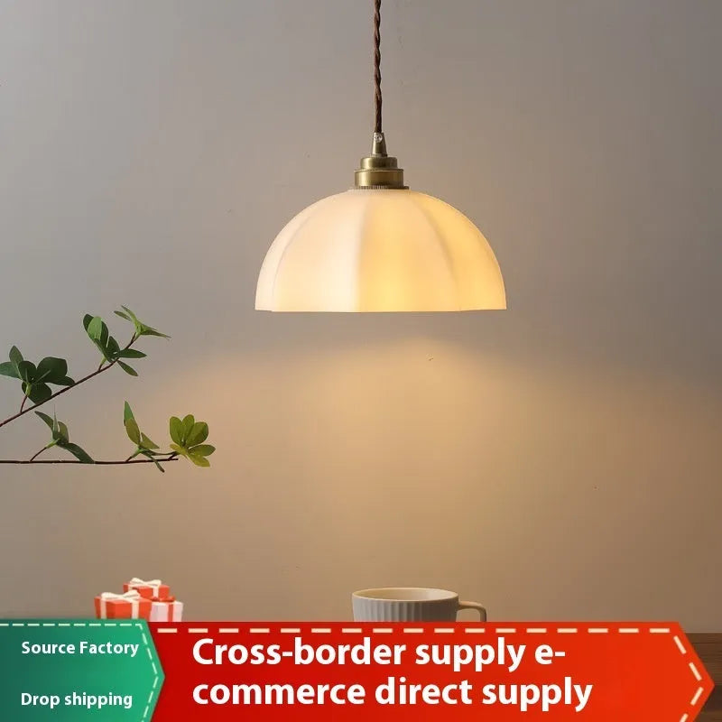 Brass small droplight with copper glass shade in Chinese style for indoor bedside or study use