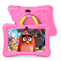 Blue children's educational tablet with a silicone protective cover and a white rotating handle bracket attached.