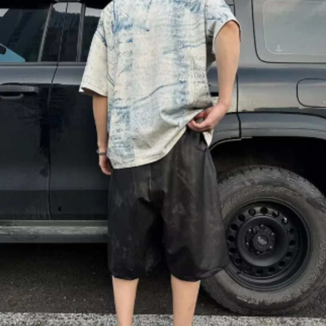 Korean style loose fit t-shirt with tie-dye print and washed aging effect on polyester fabric