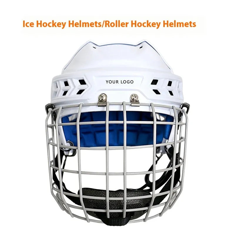 Ice hockey helmet with a carbon steel face cage, shown in sizes S, M, L, XL for head protection.