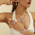 White electroplated alloy women's jewellery set earrings necklace ring bracelet with plant flower pattern