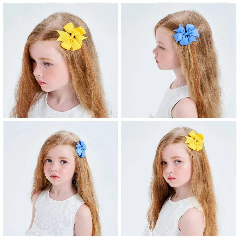 Set of 3-inch handmade grosgrain ribbon pinwheel hair bows with alligator clips, multi-coloured, for toddler girls