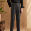 Men's slim fit straight leg business trousers in dark grey, light brown, or light apricot.