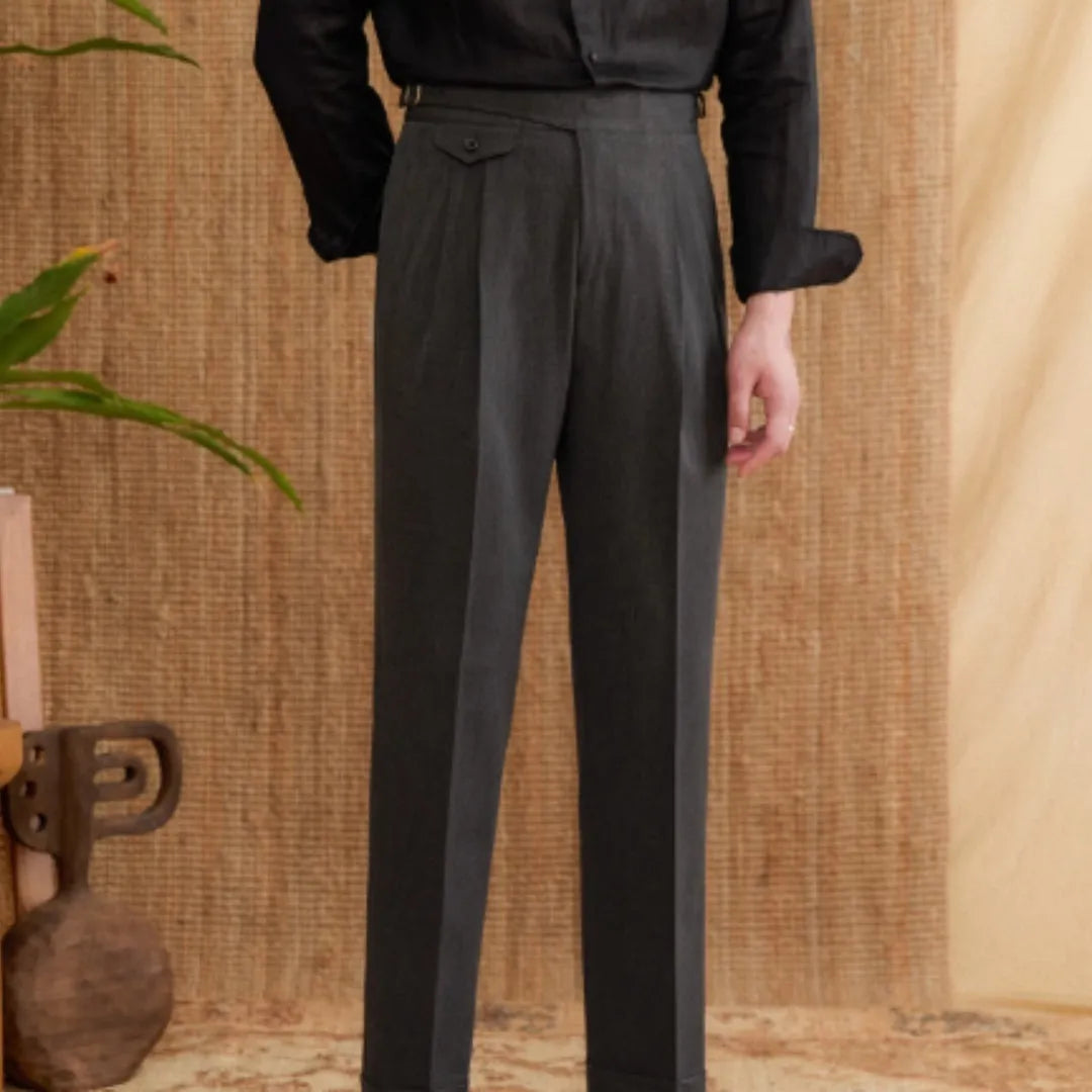 Men's slim fit straight leg business trousers in dark grey, light brown, or light apricot.