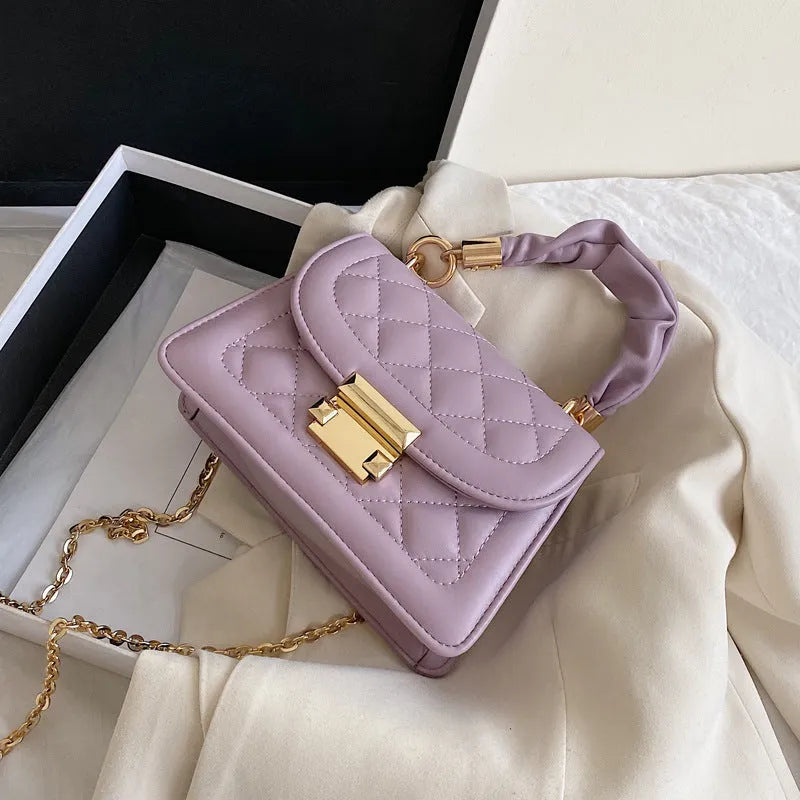 Korean-style women's chain messenger bag with rhombus pattern in PU leather showing beige colour option
