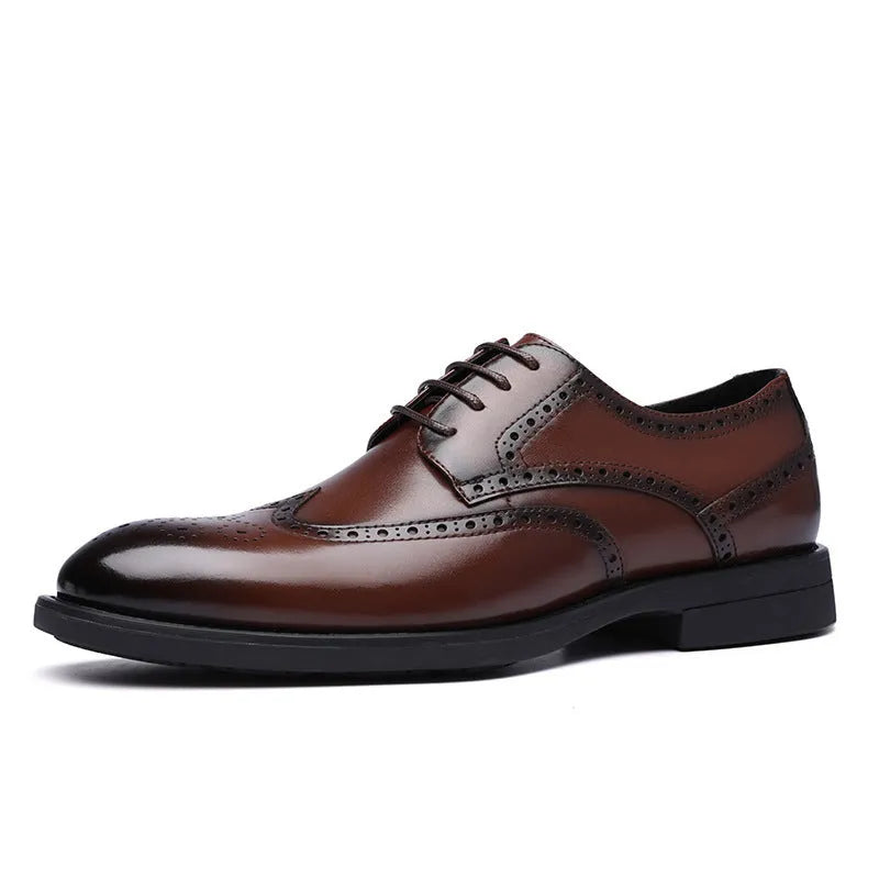 Men's black and brown brogue business shoes with traditional detailing and PU leather upper