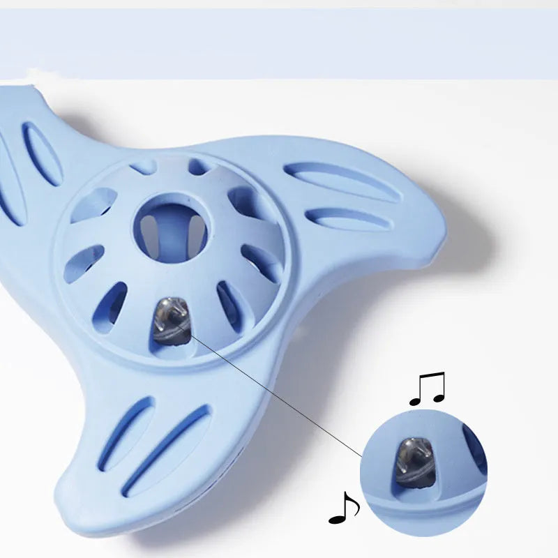 Blue bite-resistant boomerang dog chew toy with textured molar-cleaning edge for medium large breed dogs