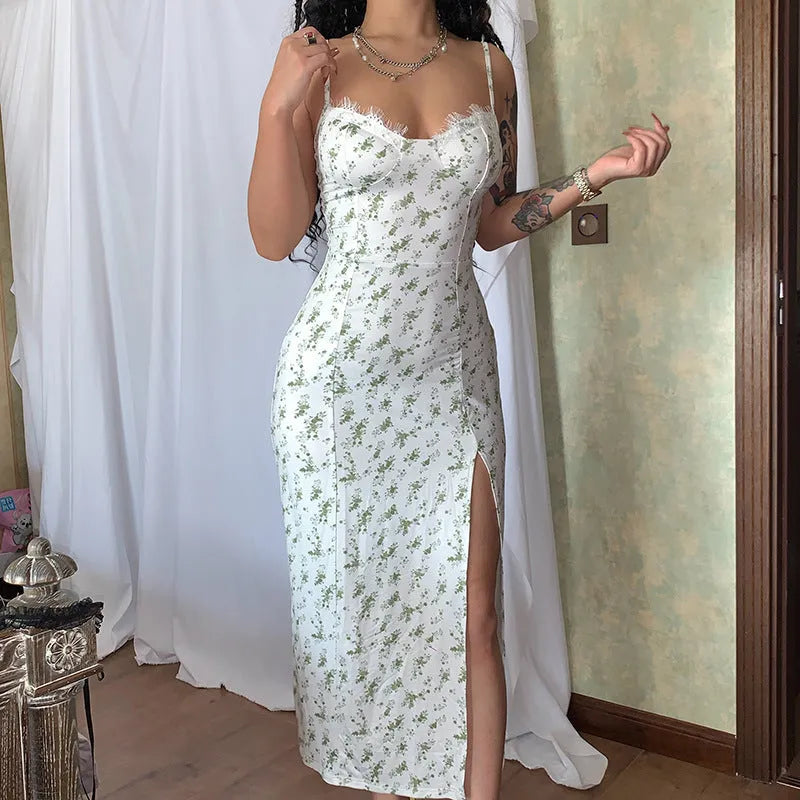 Blue lace flowers print long dress with a thigh slit and thin suspender straps.