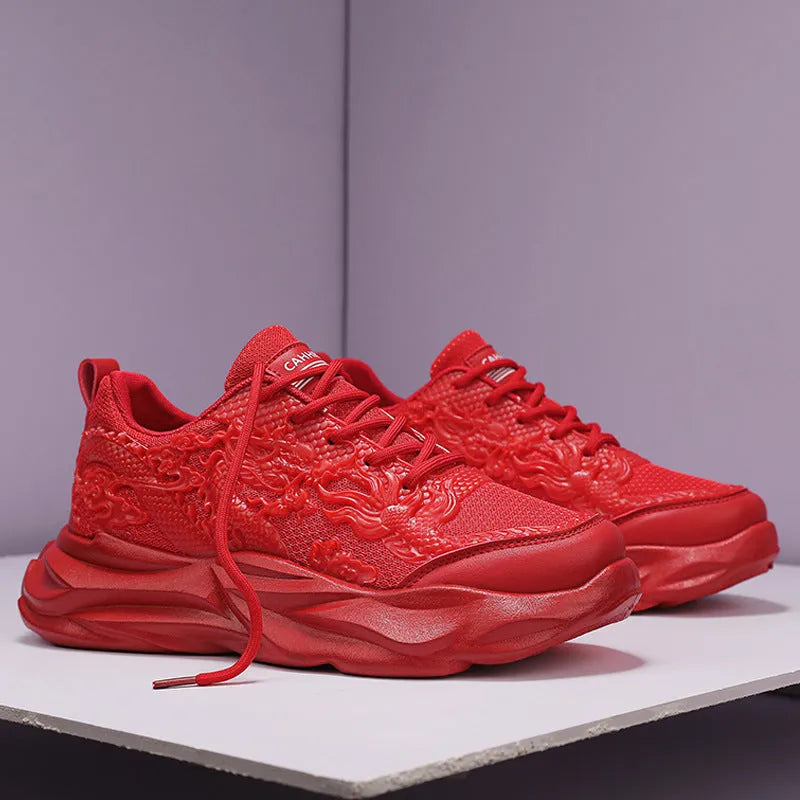 Loong breathable casual fly knit sneakers with rubber soles in Chinese dragon design colour