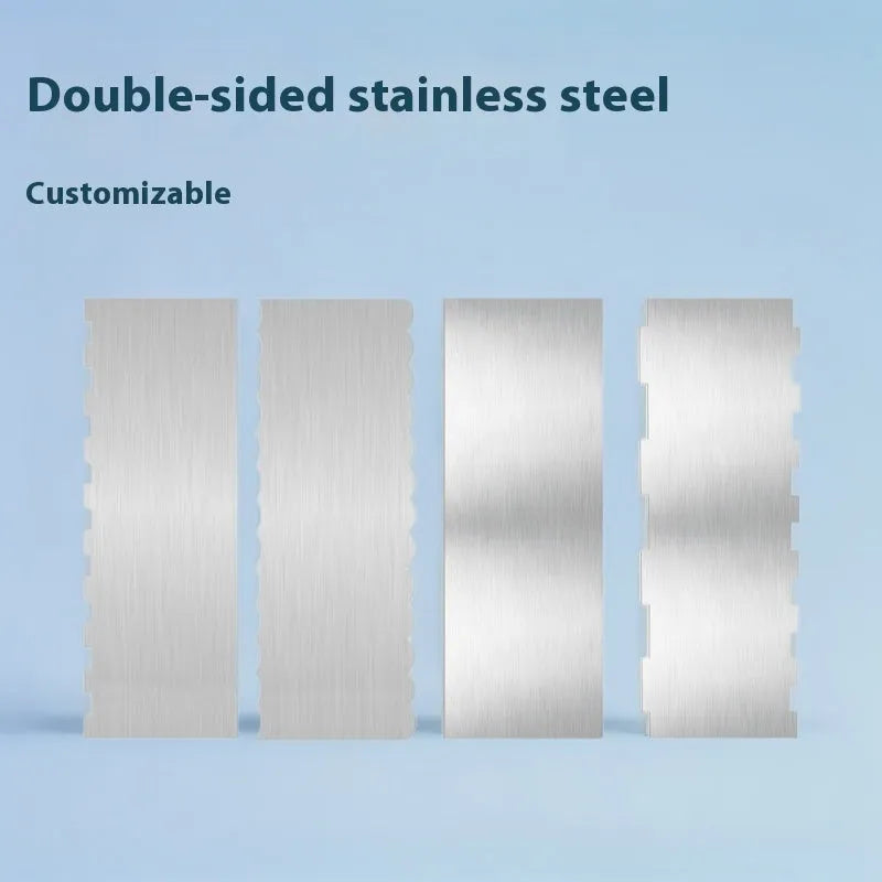 Stainless steel cream scraper with a polygonal patterned edge for cake decorating.