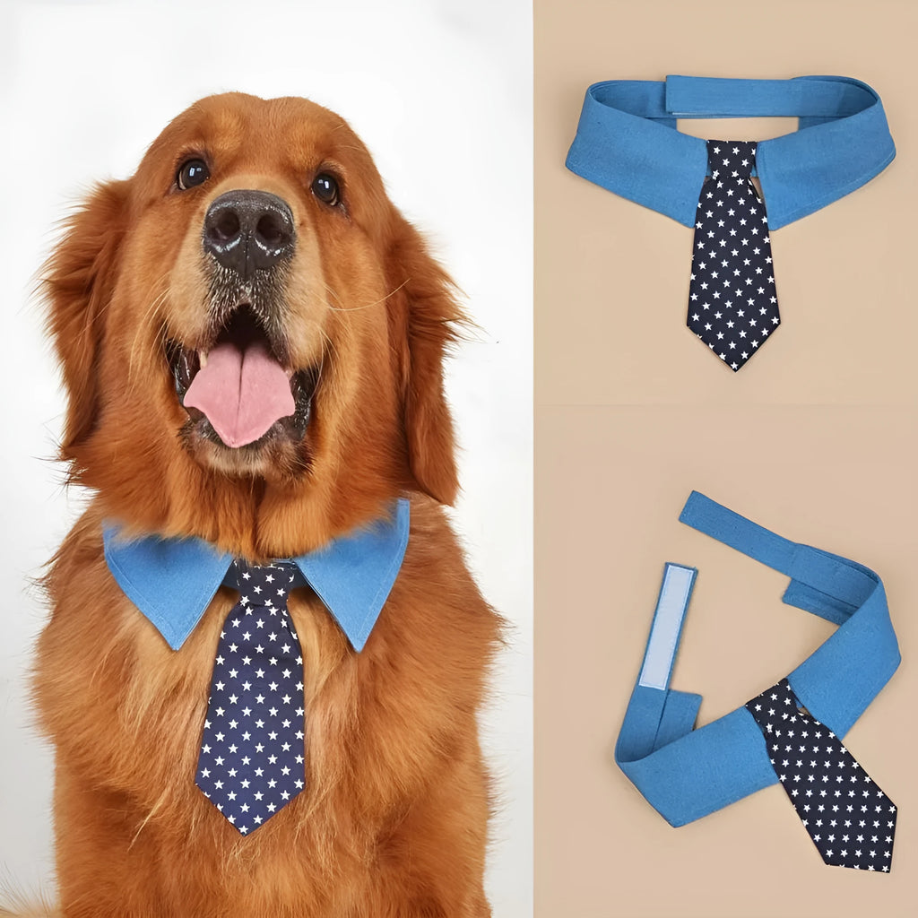 Denim pet collar with star pattern and bow tie on a table, adjustable fastener tape closure