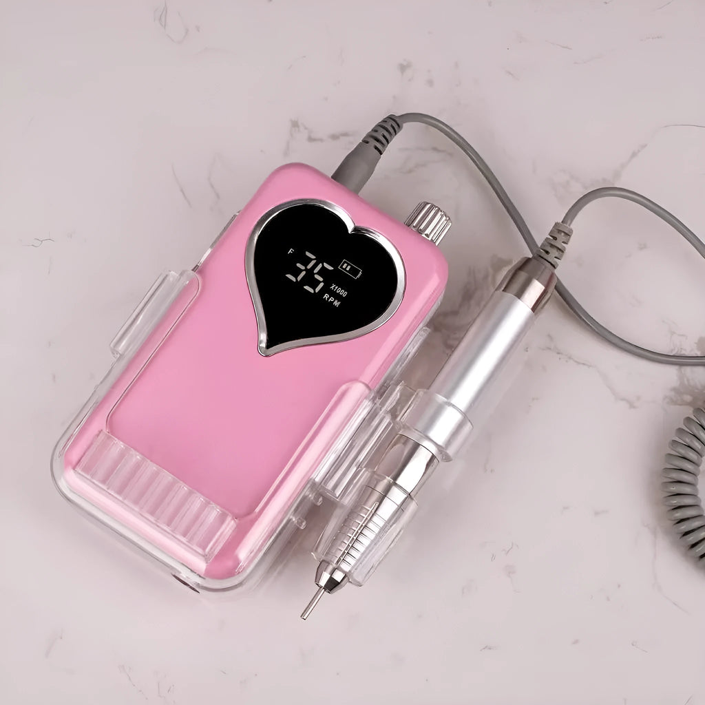Brushless nail polishing machine with charging feature, 6 grinding heads, white body, and handle bracket