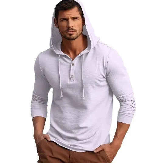 Cotton pullover hoodie top in one of six colours: dark blue, apricot, black, blue, white, or light green.