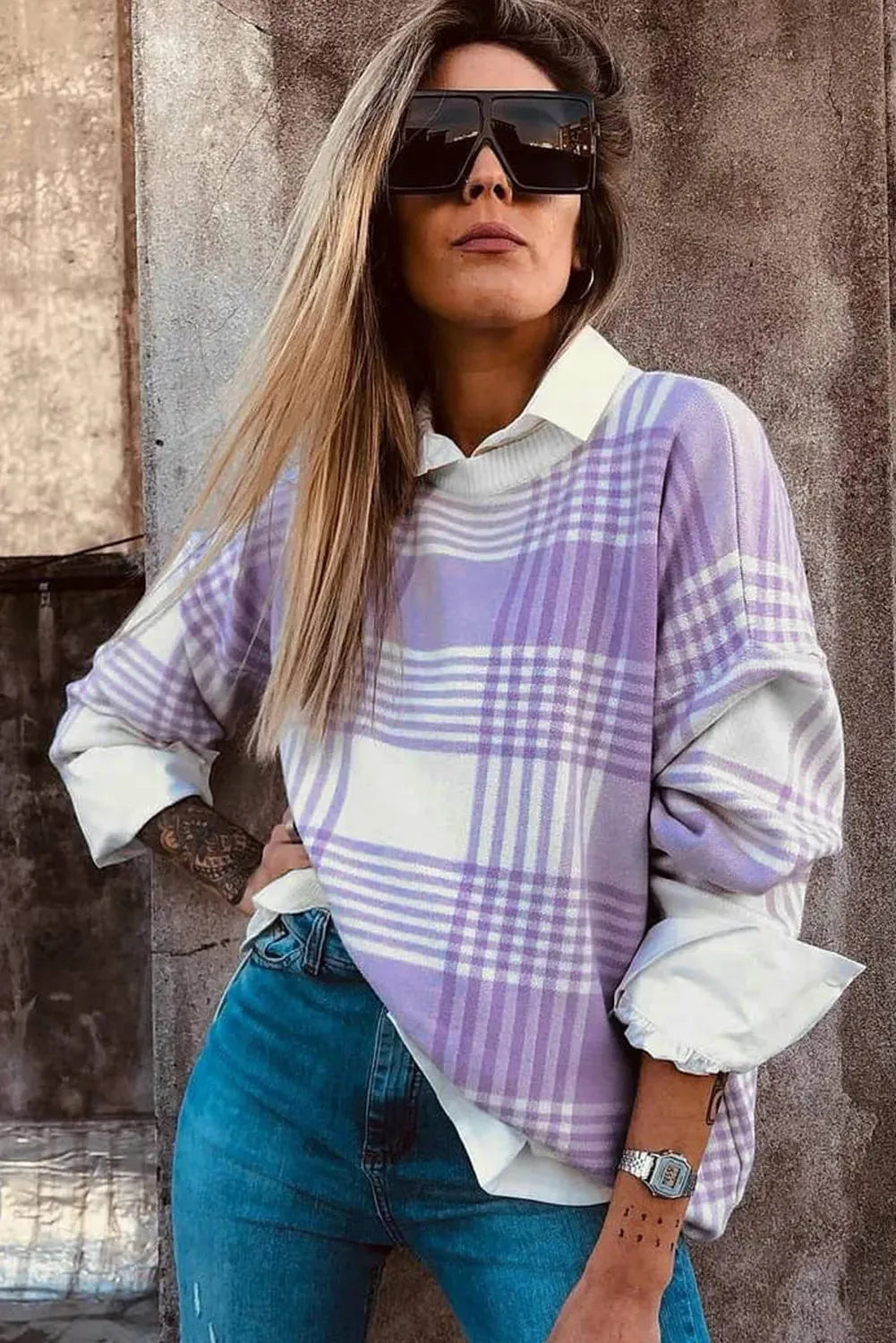 Loose lilac plaid print sweater with ribbed trim in viscose polyester polyamide blend