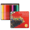 Wooden tin box open to show 24 water-soluble coloured pencils.