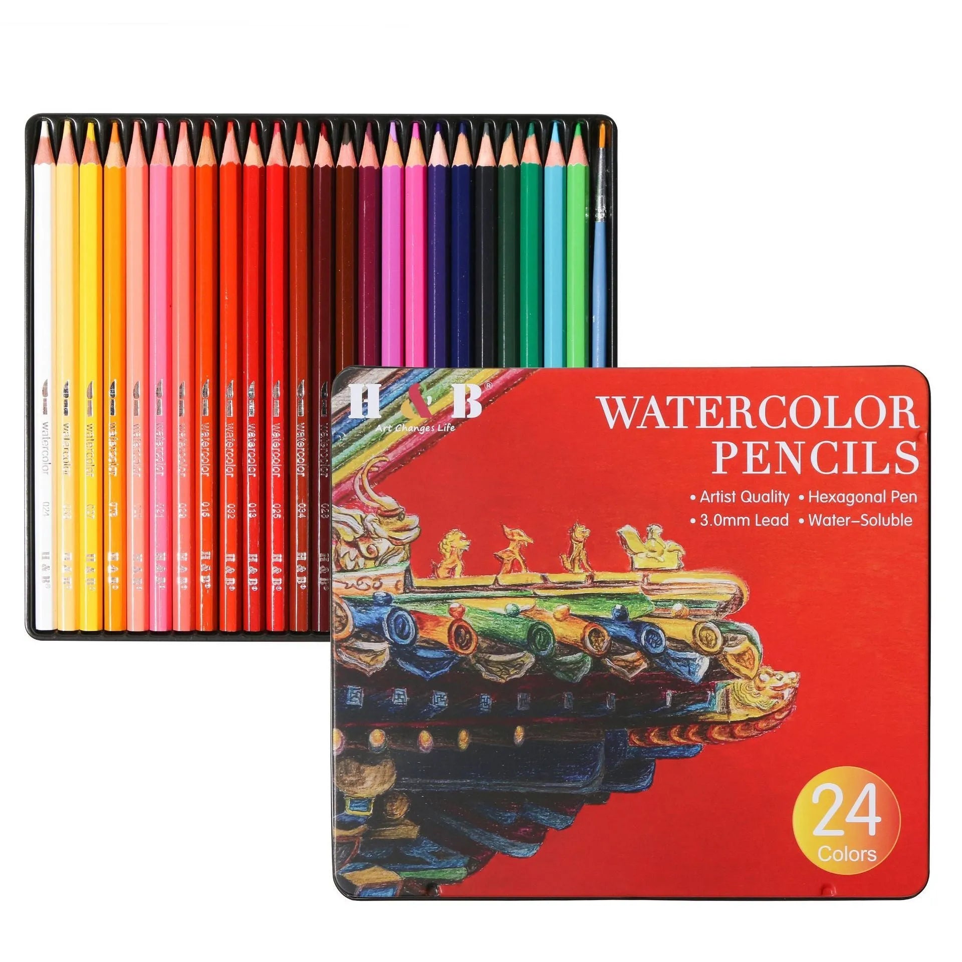 Wooden tin box open to show 24 water-soluble coloured pencils.