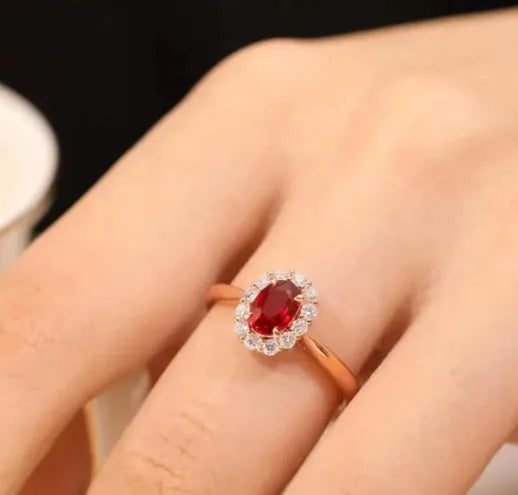 Gold Pigeon silver plated ring with red blood gemstone inlay and floral pattern design