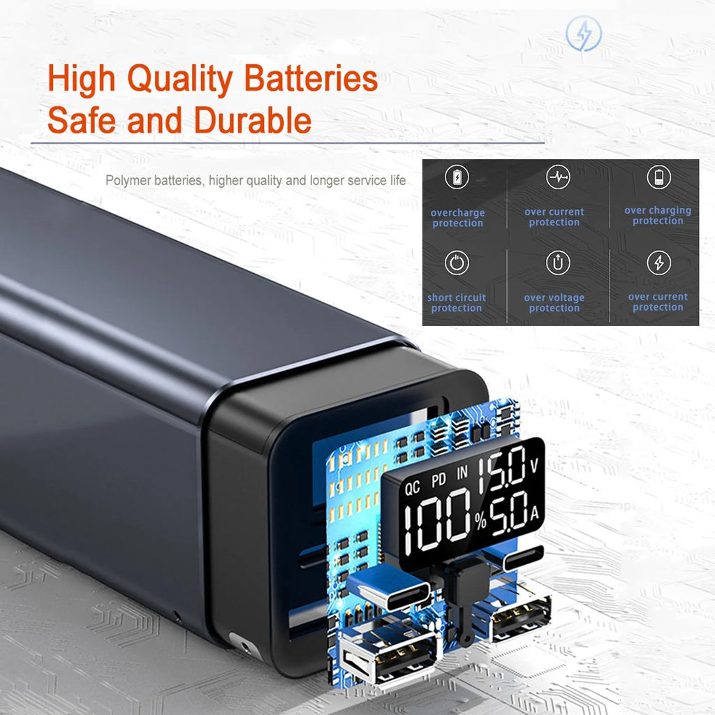 Super fast charging metal power bank with 20000mAh capacity and 65W output in black, blue, or grey colours