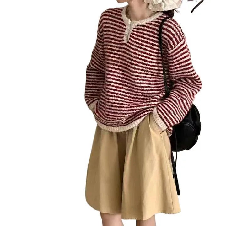 Retro loose cashmere striped sweater for women free size long sleeve pullover red blue colour block