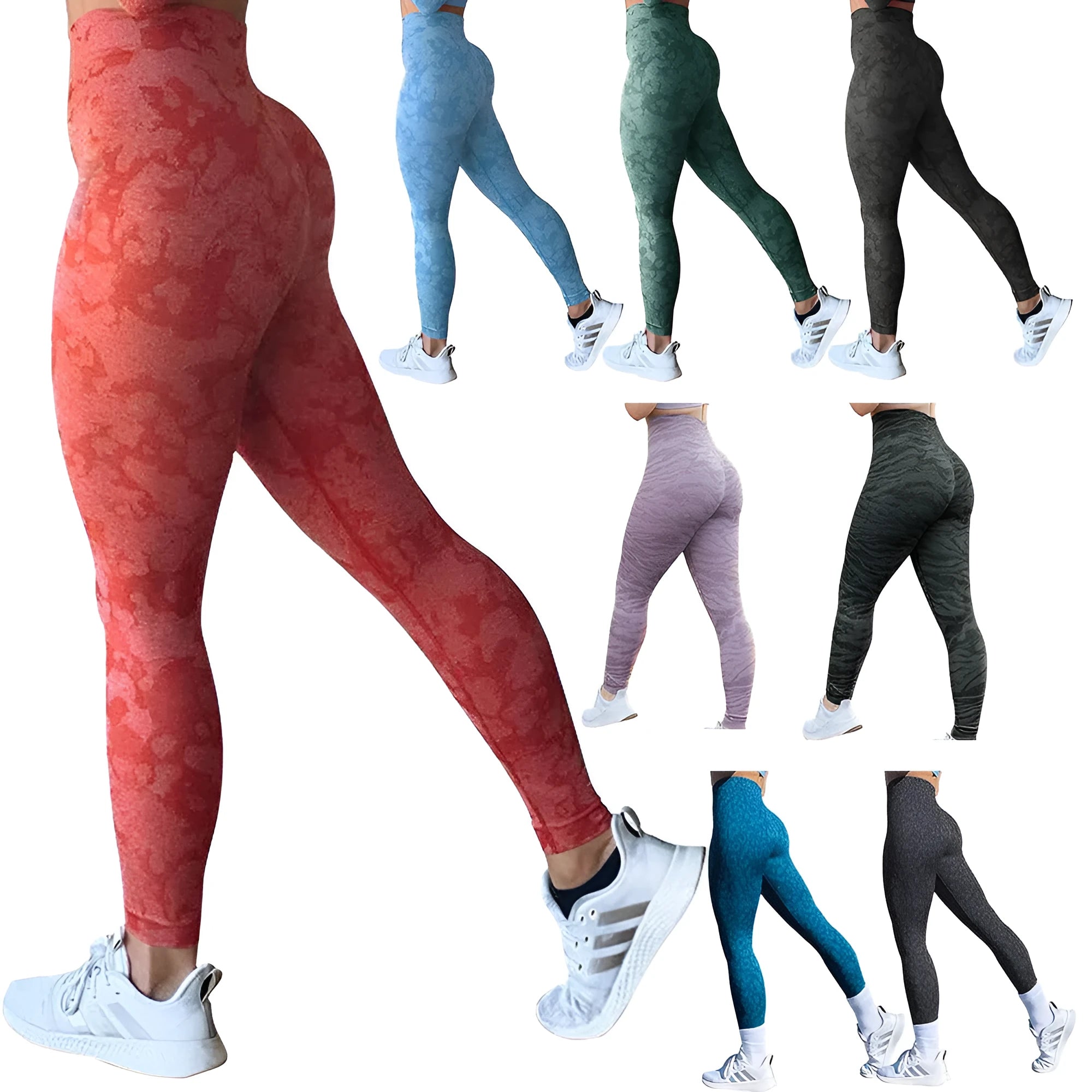 Women's butt-lifting workout leggings in camo and leopard print patterns