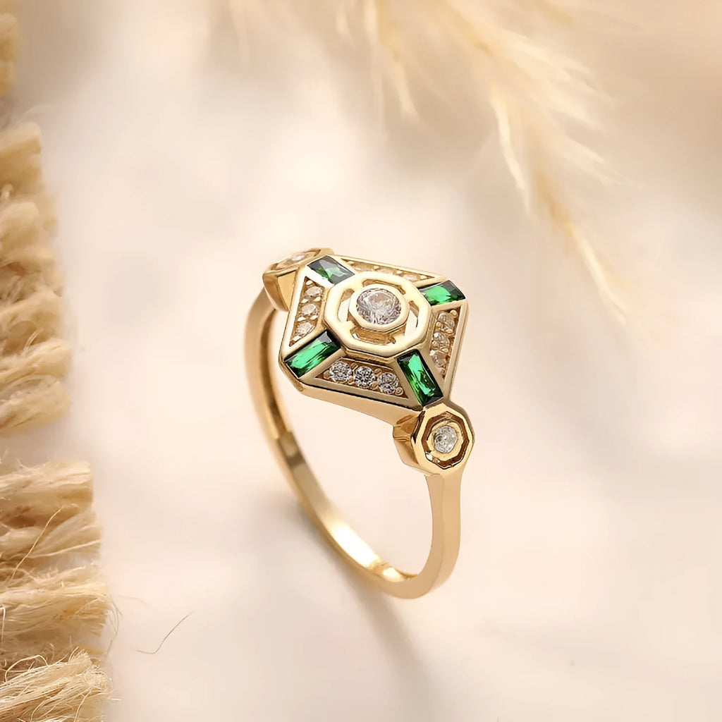 Square geometric emerald diamond ring for women with electroplated finish in green colour