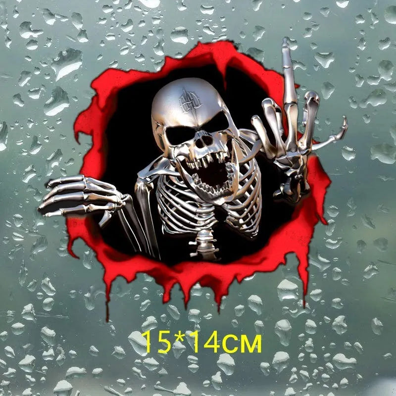 Reflective colourful metal skull car sticker measuring 15 by 14 centimetres
