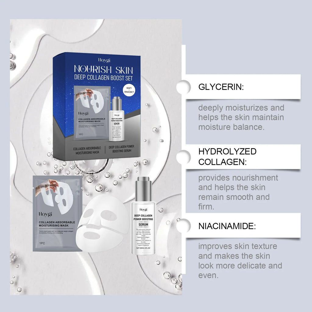 Collagen moisturising facial mask and 30ml essence bottle skincare treatment kit.