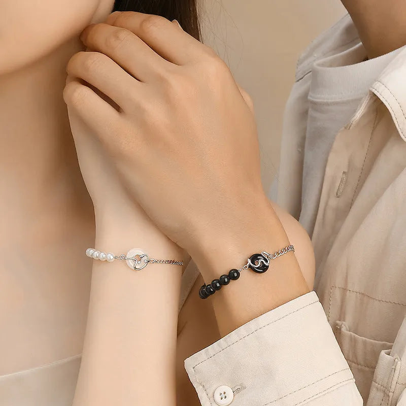 New Chinese style 925 sterling silver snake zodiac couple bracelet with obsidian pearls and safe buckle.