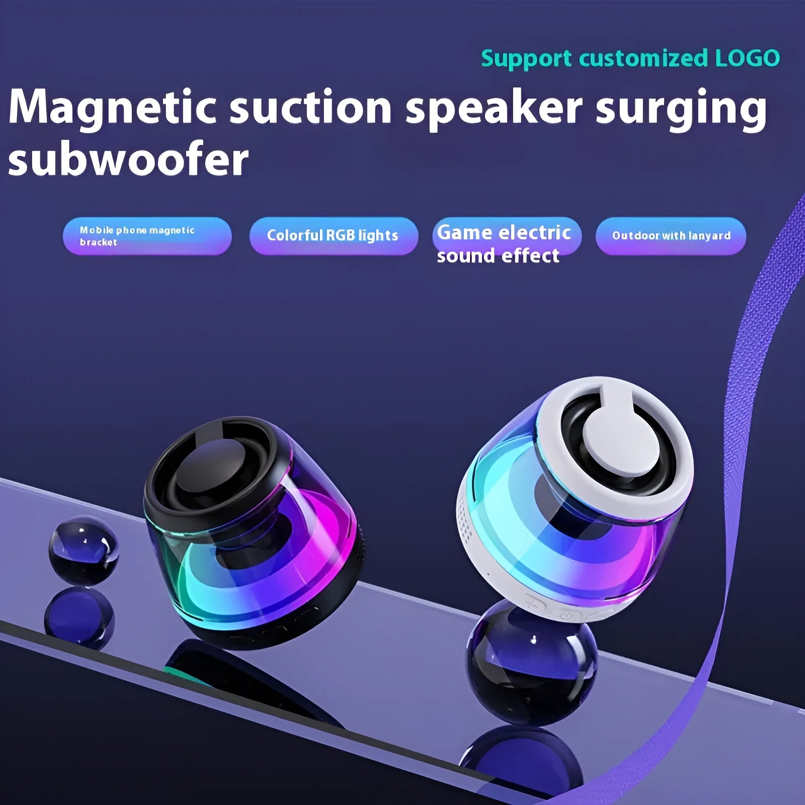 Black and white portable Bluetooth speaker with ambient lighting and magnetic base