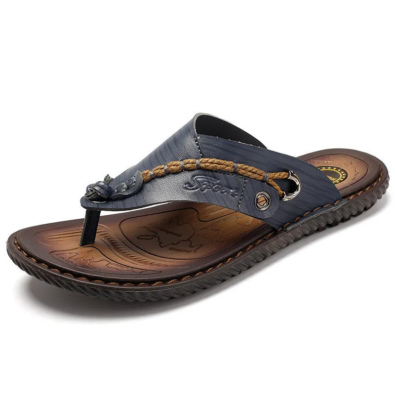 Men's black non-slip lightweight PU leather casual slippers shown from the side.