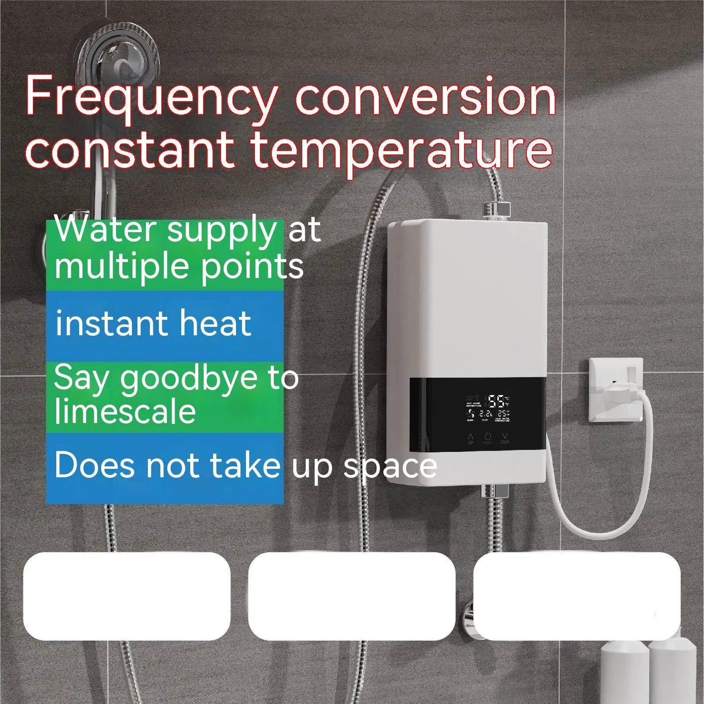 Household quick-heating water heater with LED touch screen in gold, silver, or white finish