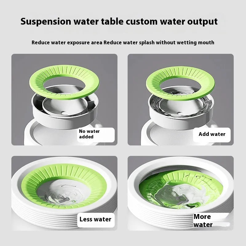 Green suspension water bowl for dogs and cats with non-wet mouth design on white background