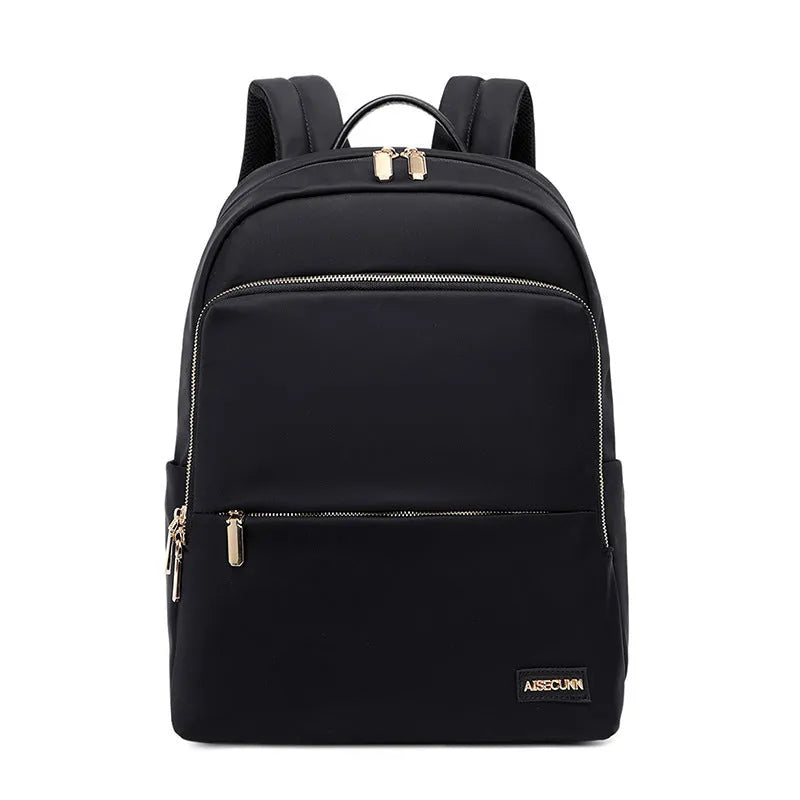 Large black and purplish grey Oxford cloth women's backpack showing anti-theft compartments and breathable back.