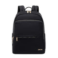 Large black and purplish grey Oxford cloth women's backpack showing anti-theft compartments and breathable back.