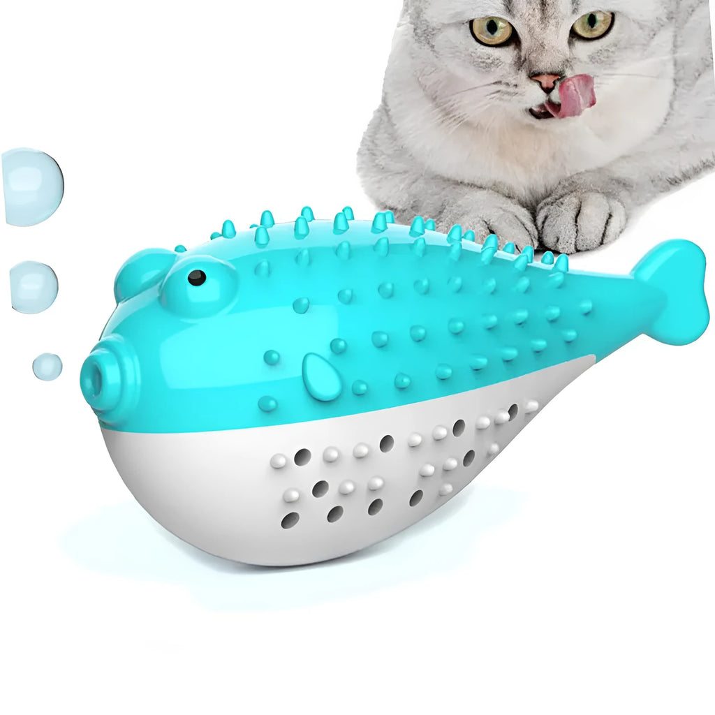 Silicone fish chew toy for cats with textured teeth cleaning surfaces and grabbing tail in four colour options