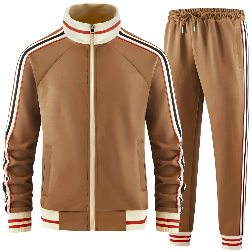 Men's khaki polyester turtleneck zipper cardigan and matching trousers street style suit