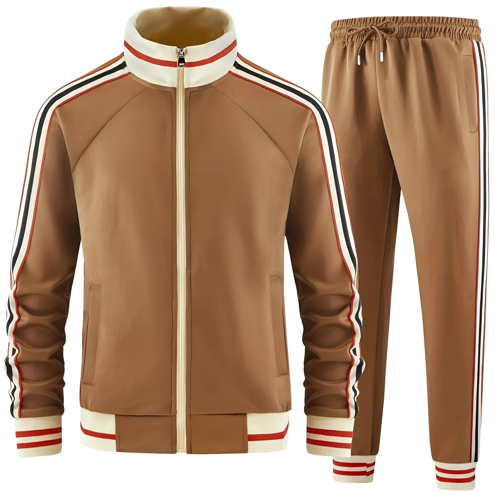 Men's khaki polyester turtleneck zipper cardigan and matching trousers street style suit