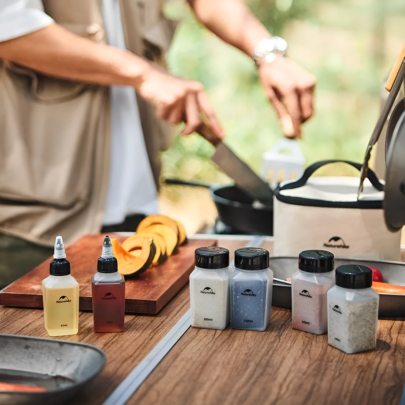 Naturehike set of six white portable seasoning bottles for outdoor picnics and camping.