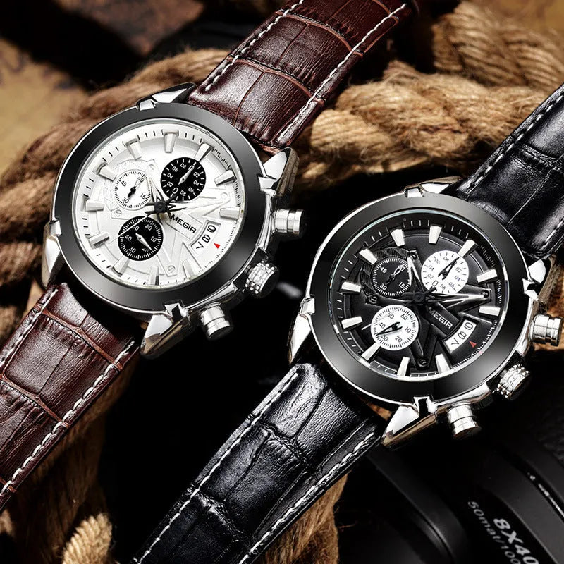 Men's multifunctional quartz watch with three sub-dials, waterproof construction and luminous elements