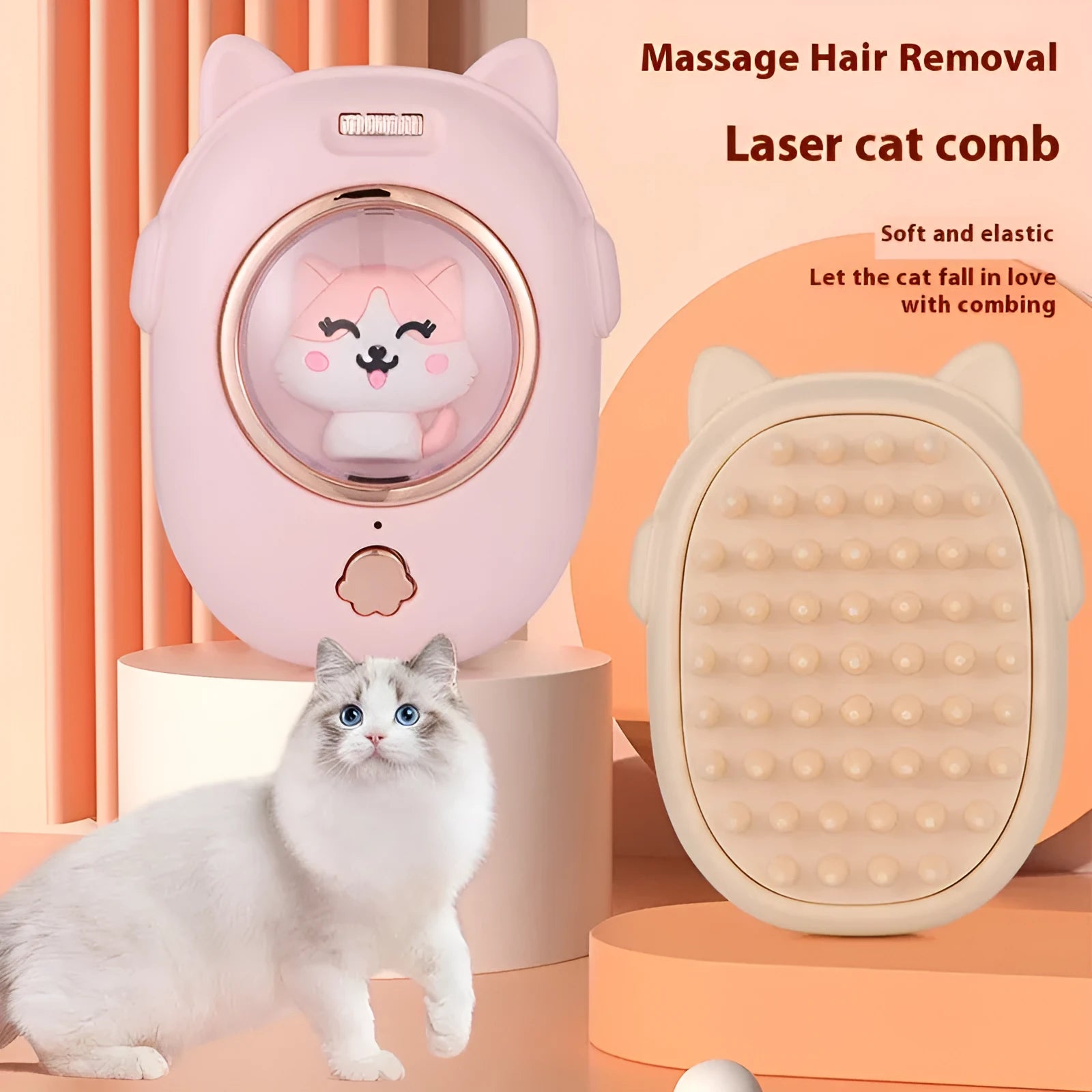Multifunctional pet comb with laser in pink and yellow ABS plastic for cats and dogs