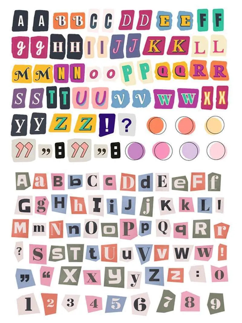English letters and numbers symbol label stickers showing colour-coded letter sets A through E with weekly words