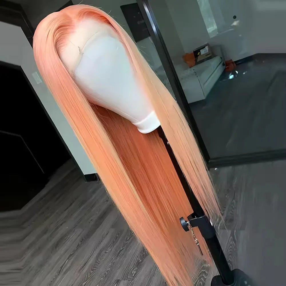 Light orange long straight front lace chemical fiber wig with side bangs on a mannequin head