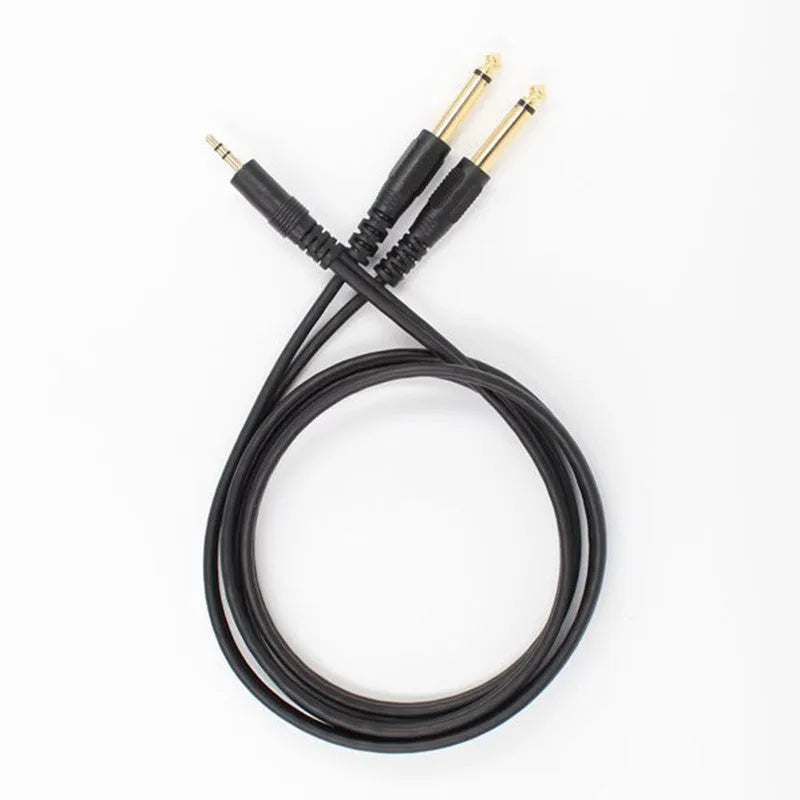 3.5mm to two 6.5mm male audio cable with gold-plated connectors on a black background