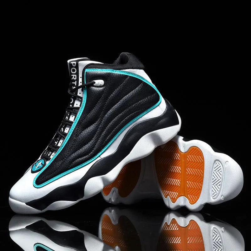 Men's high-top casual basketball shoes in AJ13 colours with mesh upper and rubber sole