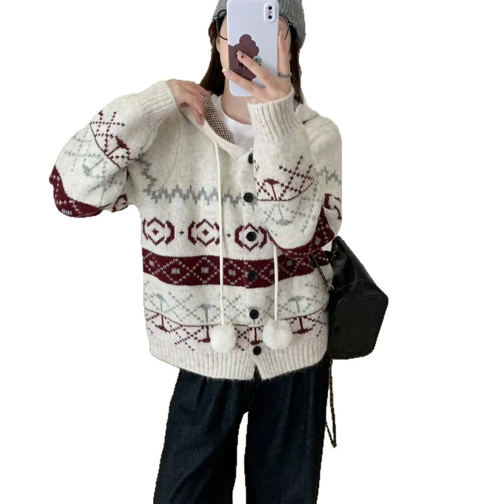Plus size women's loose fit geometric brocade sweater coat in acrylic, colour options Milky White and Grey.
