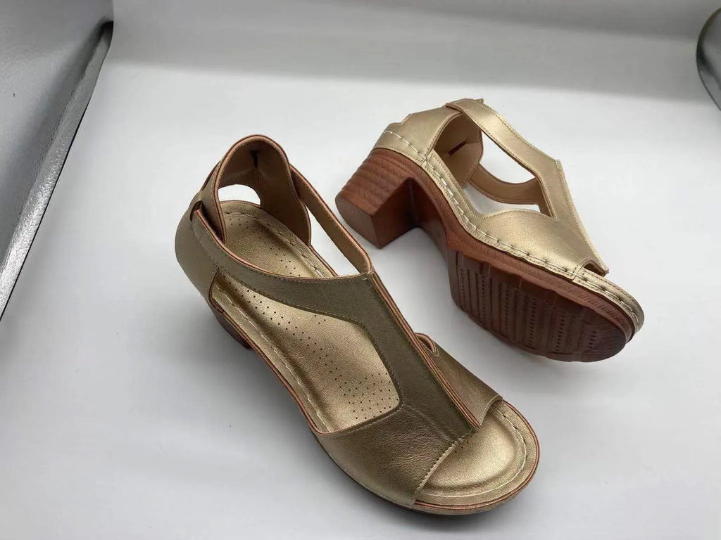 Womens plus size peep toe wedge sandals with buckle and low heel in various colours.