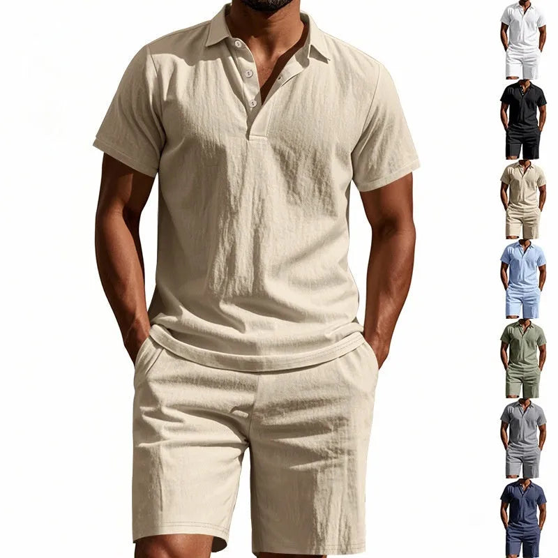 Summer men's casual linen blend shorts suit set in light blue with short-sleeve shirt and matching shorts on model